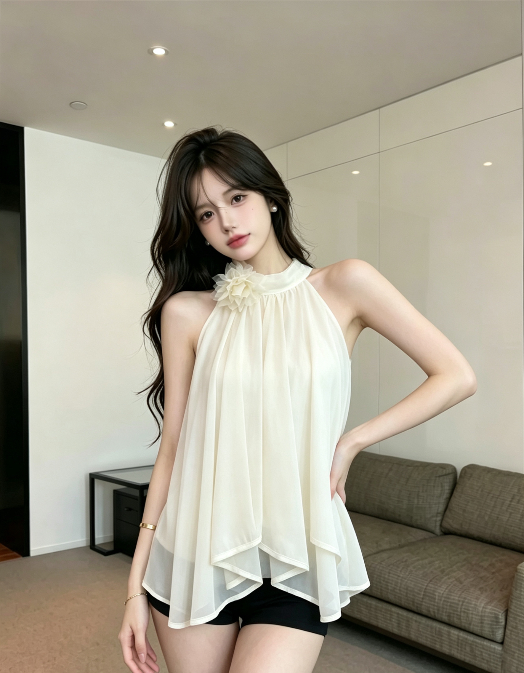 실사 정가 순수한 욕망 바람 꽃 행침 목 시폰 셔츠 여성 여름 오프숄더 민소매 맨위 표지 고기 슬림해 보이는 품격 작은 셔츠