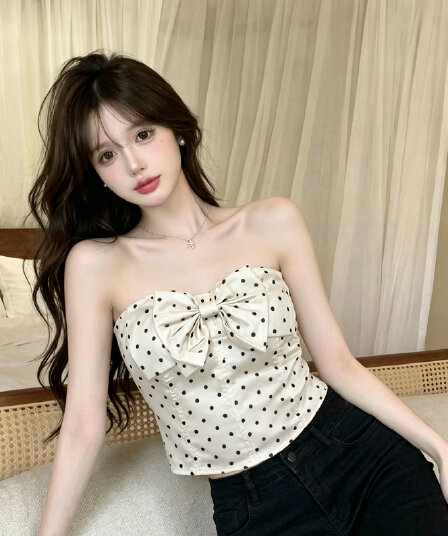 실사 정가 새로운 순수한 욕망 핫걸 바람 튜브탑 도트 무늬 나비 매듭 분위기 센스 몸매 가꾸기 민소매 맨위