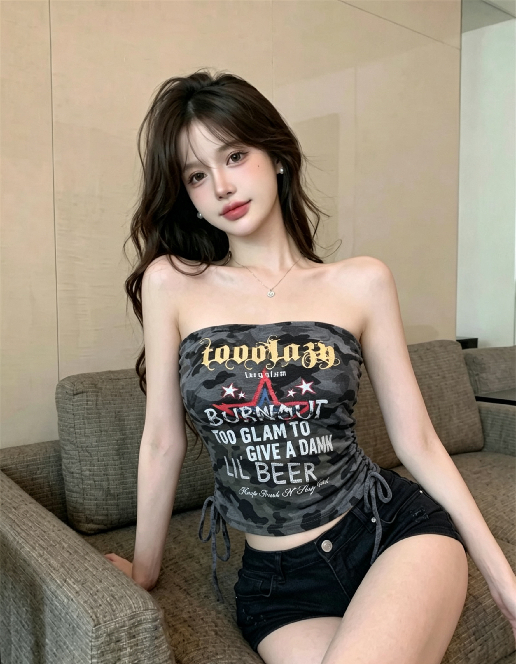 실사 정가 아메리칸 레트로 카모플라주 튜브탑 핫걸 순수한 욕망 바람 어깨끈 없음 펌프 로프 허리 수축 외출용 쇼트 스타일 맨위