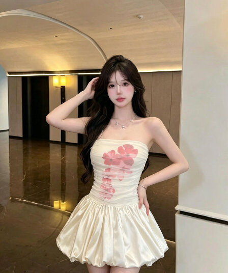 실사 정가 프랑스식 튜브탑 꽃 퍼프 스커트 작은 대중 허리 수축 슬림해 보이는 꽃밭 미니 스커트 순수한 욕망 품격 드레스