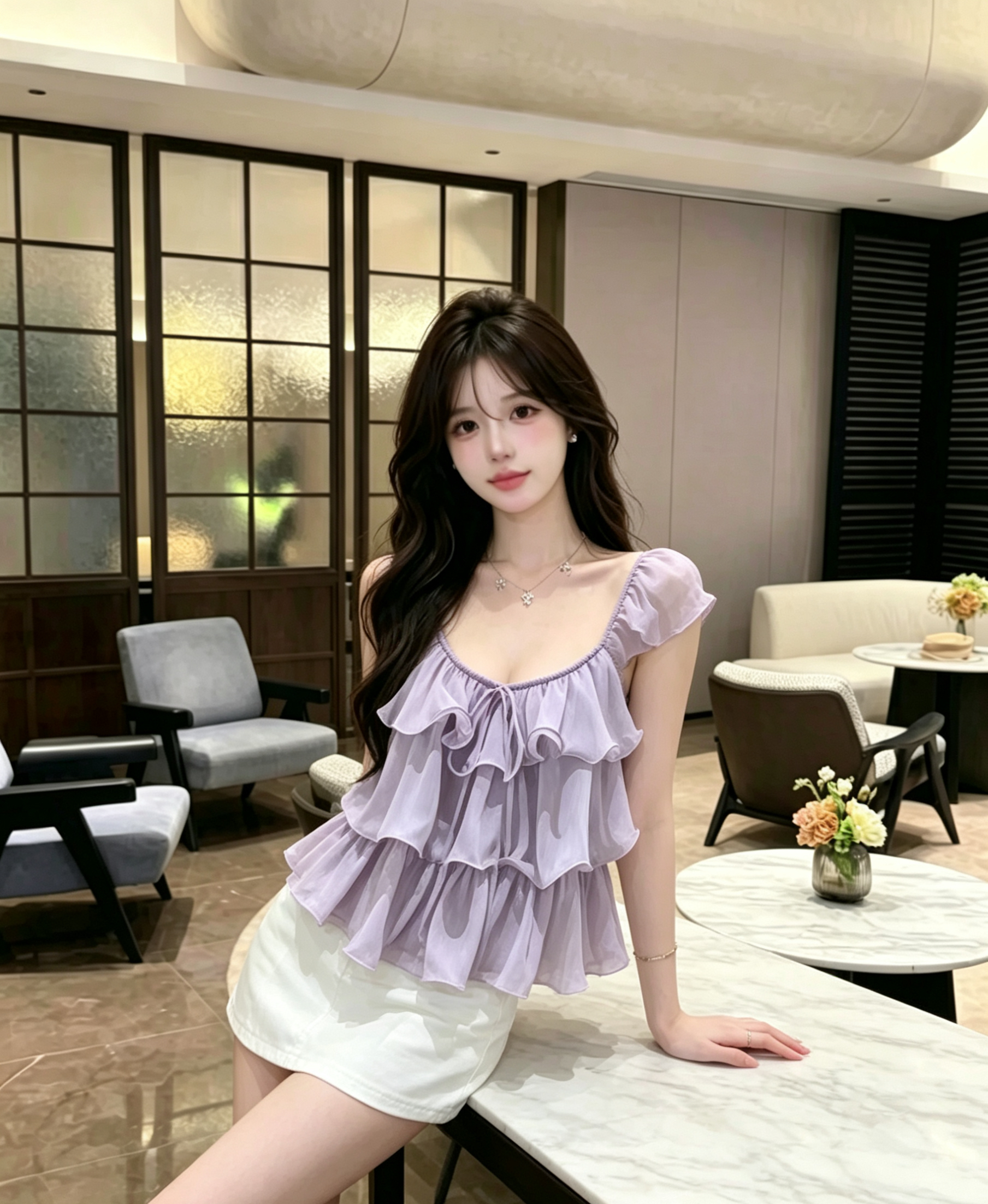 실사 정가 프랑스식 부드러운 프릴 쉬폰 톱 슬림해 보이는 광장 칼라 레이스업 품격 다용도 반팔 작은 셔츠