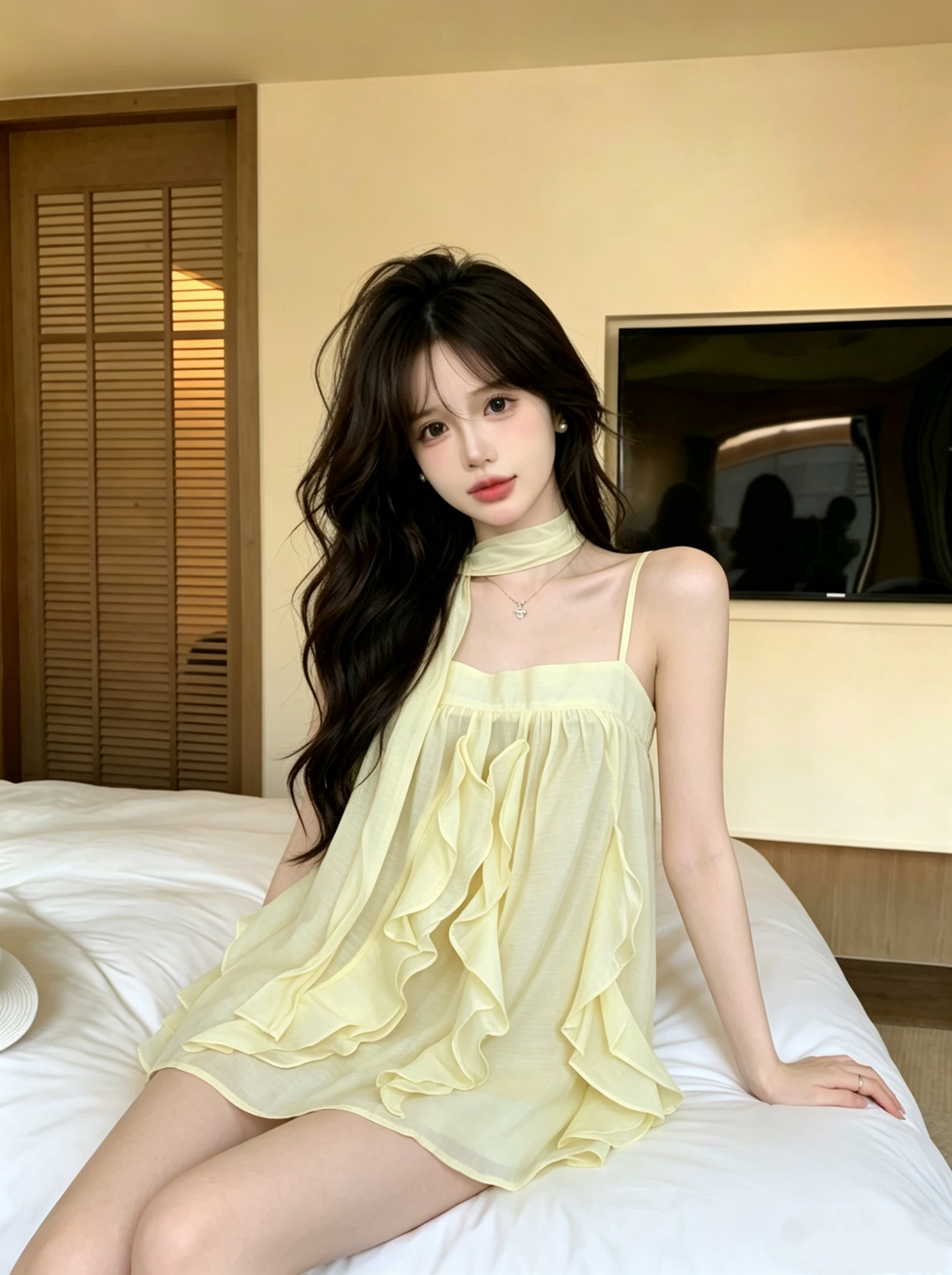실사 정가 우유 황색 주름 프릴 쉬폰 슬립 작은 대중 분위기 센스 부드러운 바람 Chic 루즈핏 인형 셔츠