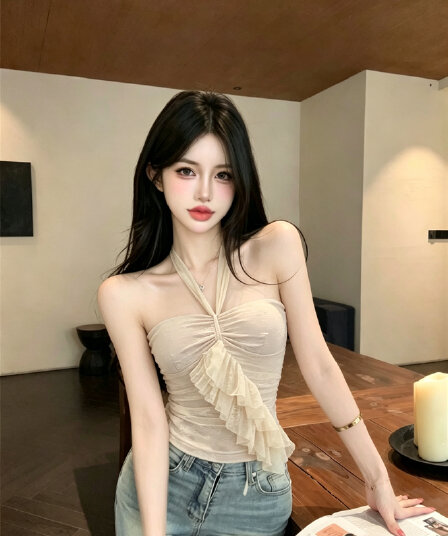 실사 정가 순수한 욕망 바람 행침 목 슬립 여성 프랑스식 프릴 허리 수축 슬림해 보이는 디자인 센스 닦아내 라. 가슴 안쪽 잡아라. 의류