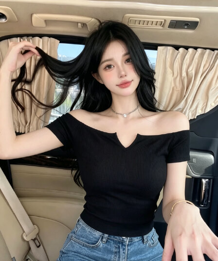 실사 정가 보트넥 작은 심장 기계 V넥 반팔 니트 스웨터 순수한 욕망 바람 몸매 가꾸기 슬림해 보이는 오프숄더 쇼트 스타일 맨위
