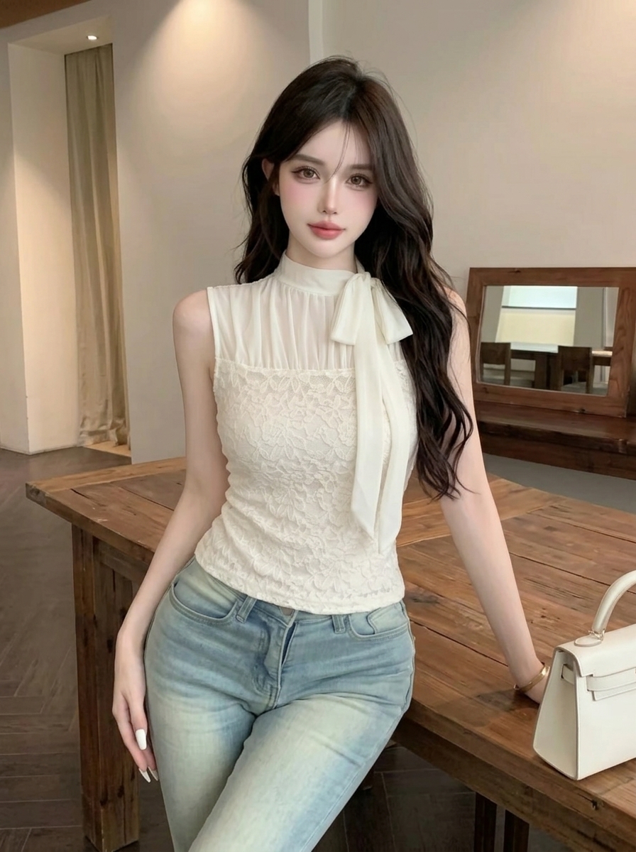 실사 정가 순수한 욕망 바람 반하이넥 나비 매듭 민소매 조끼 몸매 가꾸기 슬림해 보이는 레이스 조각 품격 맨위