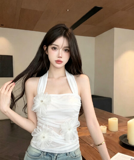 실사 정가 순수한 욕망 바람 3 차원 꽃 행침 목 슬립 여성 여름 섹시함 망사 주름 튜브탑 민소매 맨위
