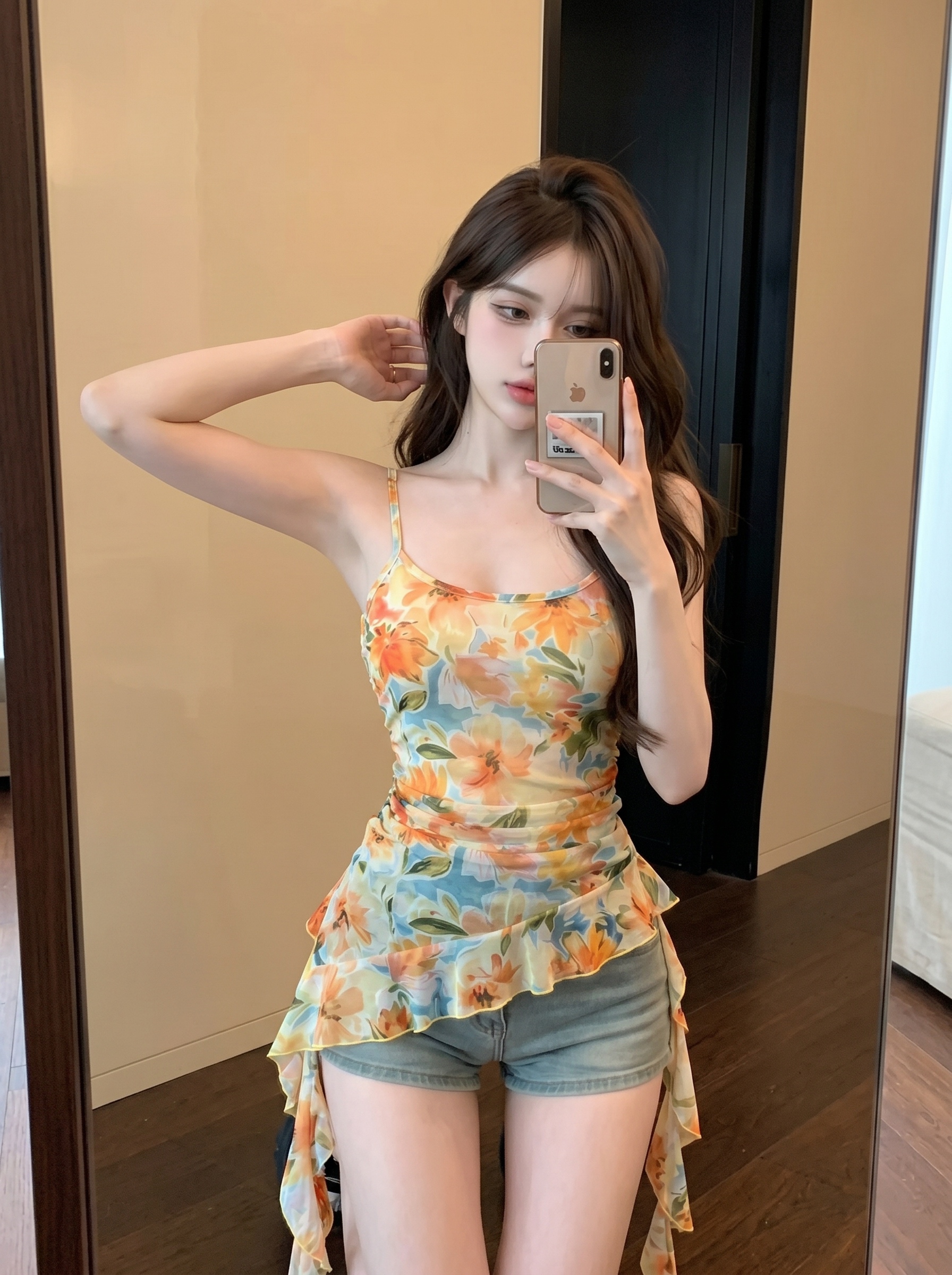 실사 정가 한 부서 달콤한 매운맛 유화 꽃 슬립 작은 대중 디자인 센스 프릴 밑단 슬림해 보이는 인사이드 잡아라. 의류