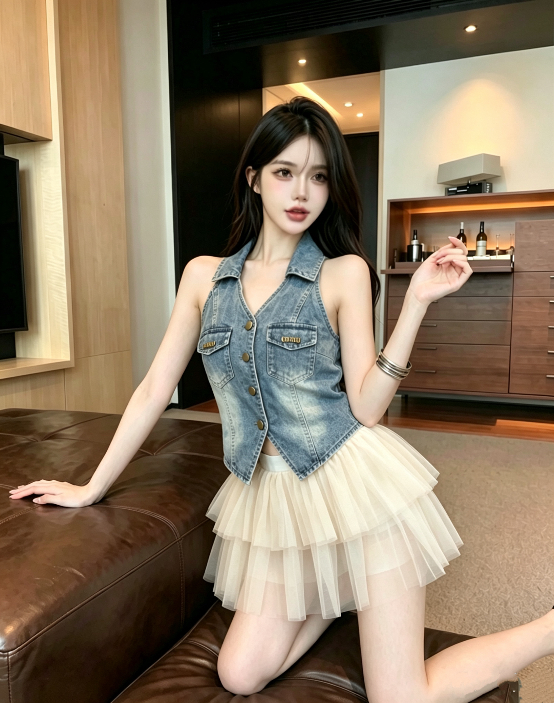 실사 정가 아메리칸 레트로 행침 목 데님 베스트 디자인 센스 민소매 조끼 핫걸 몸매 가꾸기 쇼트 스타일 맨위