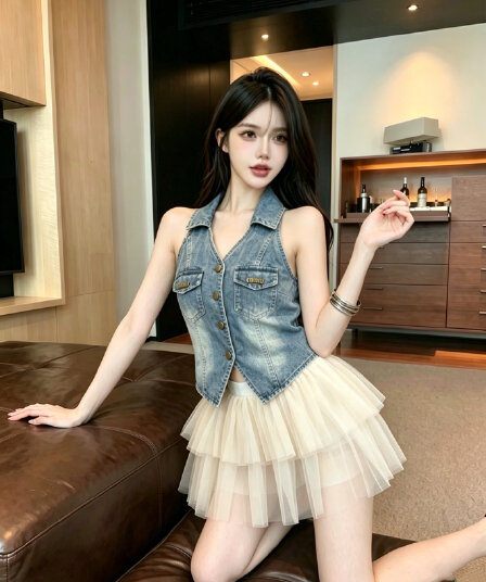 실사 정가 아메리칸 레트로 행침 목 데님 베스트 디자인 센스 민소매 조끼 핫걸 몸매 가꾸기 쇼트 스타일 맨위