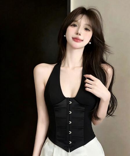 실사 정가 순수한 욕망 행침 목 생선뼈 허리 조끼 깊은 v 허리 수축 슬림해 보이는 쇼트 스타일 백리스 섹시함 튜브탑 맨위
