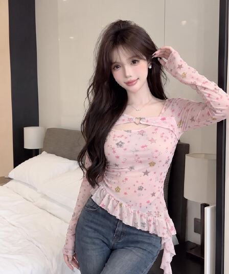 실사 정가 달콤한 자매 순수한 욕망 바람 시스루 별 셔츠 불규칙 프릴 허리 수축 기본 셔츠