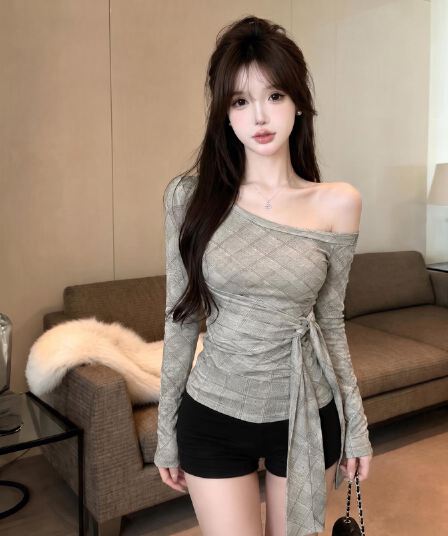실사 정가 이른 가을 새로운 체크무늬 비스듬한 어깨 의류 순수한 욕망 분위기 센스 레이스업 허리 수축 슬림해 보이는 긴팔 기본 셔츠