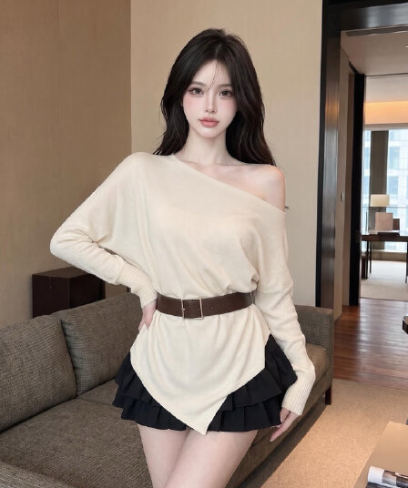 실사 정가 순수한 욕망 한 단어 비스듬한 어깨 니트 스웨터 여성 디자인 센스 불규칙 밑단 루즈핏 경기 벨트 맨위