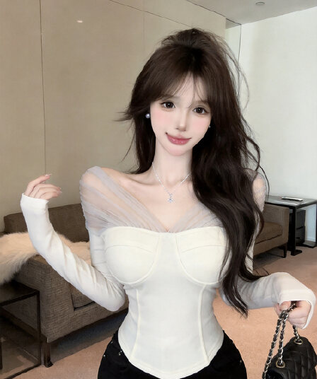 실사 정가 순수한 욕망 망사 오프숄더 기본 셔츠 여성 생선뼈 허리 수축 몸매 가꾸기 오프숄더 긴팔 맨위
