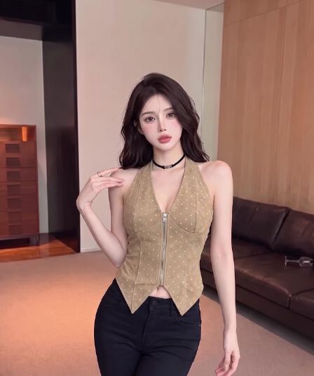 실사 정가 아름다움 라드. 바람 도트 무늬 행침 목 조끼 여성 V넥 지퍼 허리 수축 슬림해 보이는 불규칙 쇼트 스타일 맨위