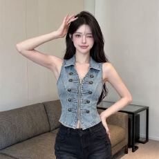批发实拍实价美式复古做旧<b class='q'>牛仔</b><b class='q'>马甲</b>女 翻领拉链收腰显瘦无袖短款<b class='q'>背心</b>