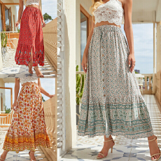 批发推荐实拍欧美跨境新品高腰人棉印花排扣开叉半身裙海边度假<b class='q'>沙滩裙</b>