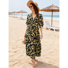 批发推荐实拍跨境人棉印花<b class='q'>蝙蝠</b>袖深V收腰分层<b class='q'>连衣裙</b>海边沙滩度假裙