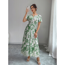 批发推荐实拍跨境女士花卉印花中长连衣裙V领短袖波西米亚度假<b class='q'>沙滩裙</b>