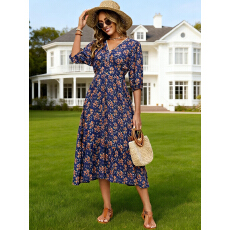 批发实拍女士小碎花中长连衣裙镂空花边V领<b class='q'>中袖</b>收腰休闲度假沙滩裙