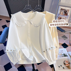 批发实拍韩系刺绣娃娃领长袖白色<b class='q'>衬衫</b>女2026新款宽松学生减龄叠穿上衣