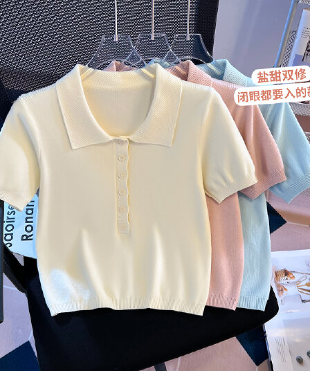 실사 레트로 POLO 칼라 반팔 니트 스웨터 여성 여름 2026 새로운 미니멀리즘 휴식 작은 키 쇼트 스타일 맨위
