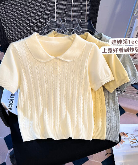 실사 니트 POLO 칼라 반팔 티셔츠 여성 여름 2026 새로운 긍정적 인 어깨 몸매 가꾸기 슬림해 보이는 작은 키 맨위