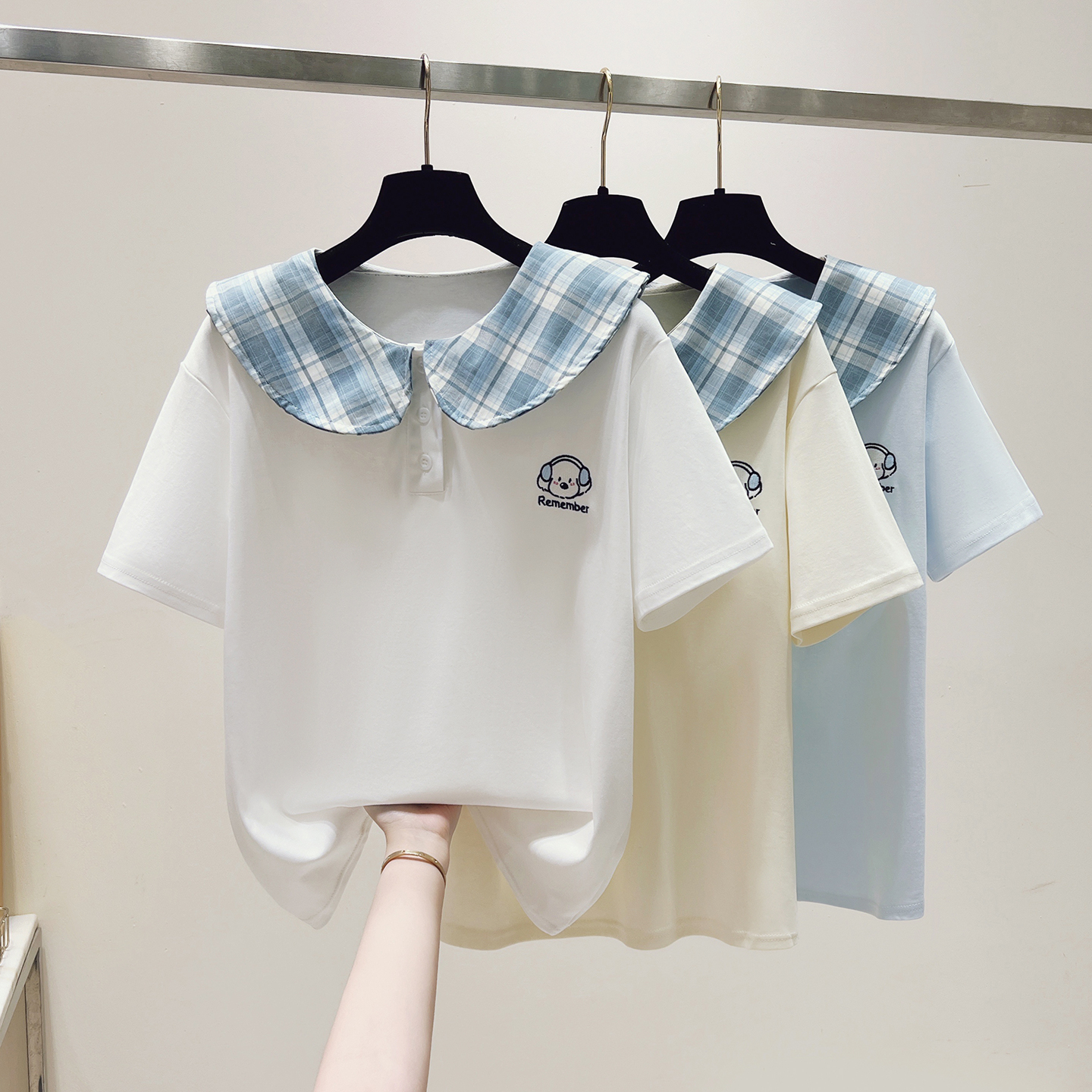 실사 자수 체크무늬 polo 긍정적 인 어깨 반팔 티셔츠 여성 2026 여름 드레스 새로운 소녀 학원 스타일 쇼트 스타일 맨위