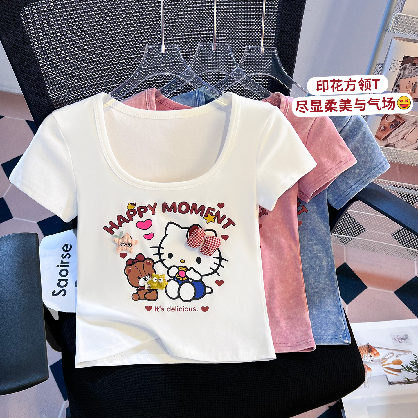 RY711# 实拍水洗做旧美式复古短袖T恤女2026新款设计感小众U领短款上衣