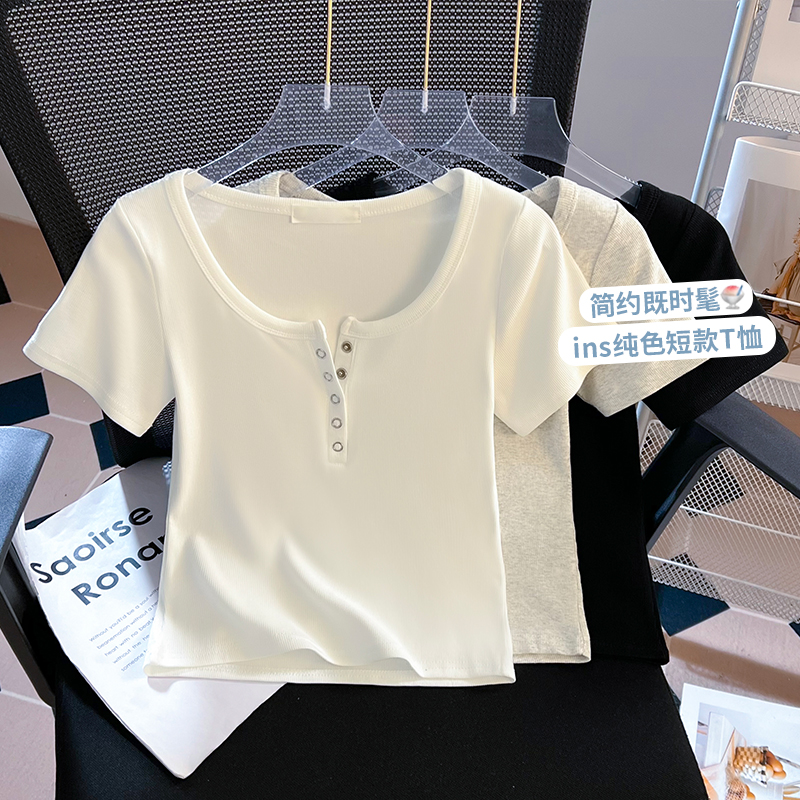 RY710# 实拍正肩T恤女春夏修身短款2026新款圆领打底衫纯色短袖显瘦上衣