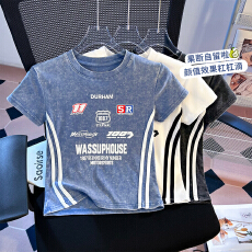 批发实拍美式复古印花<b class='q'>短袖</b>T恤女2026夏季新款做旧水洗半袖小个子上衣