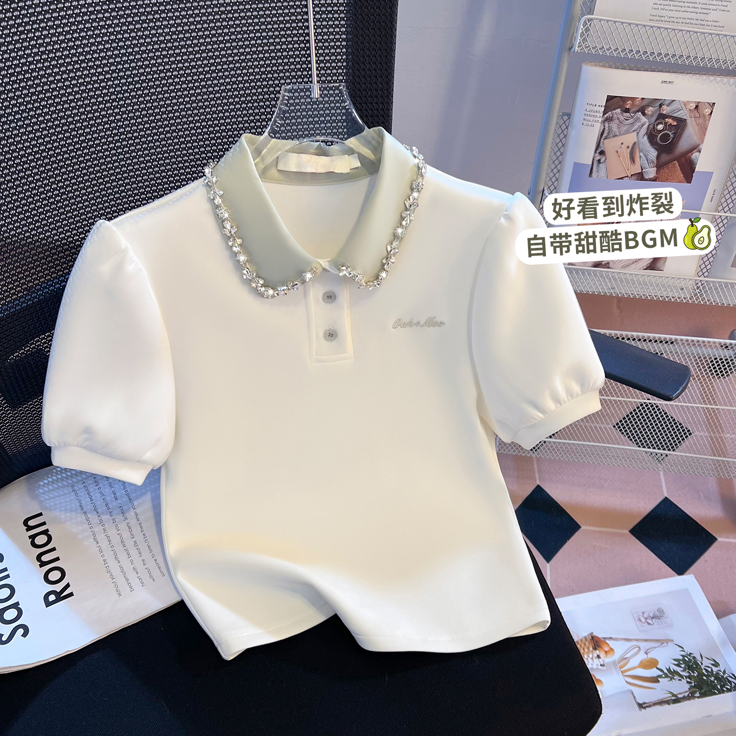 RY709# 实拍重工拼接假两件polo领短袖T恤女2026新款学院风小个子短上衣