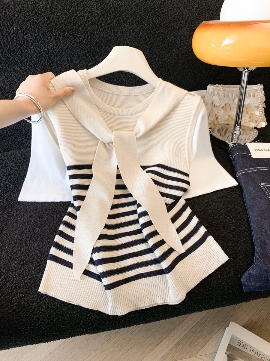 실사 한 부서 숄 스트라이프 니트 스웨터 여성 2026 봄 여름 새로운 루즈핏 다용도 학원 스타일 작은 키 맨위