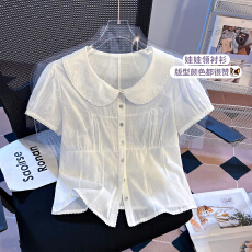 批发实拍白色娃娃领短袖衬衫女2026夏季新款泡泡袖系带显瘦爆款上衣