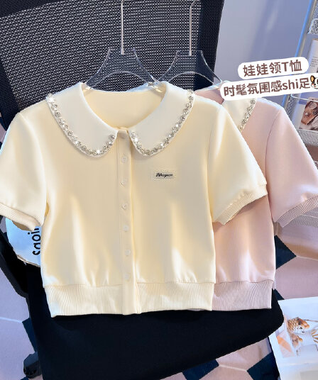 실사 2026 패치워크 베이비 칼라 페이크 레이어드 POLO 칼라 스와로브스키 반팔 티셔츠 여성 작은 키 짧은 외투 맨위