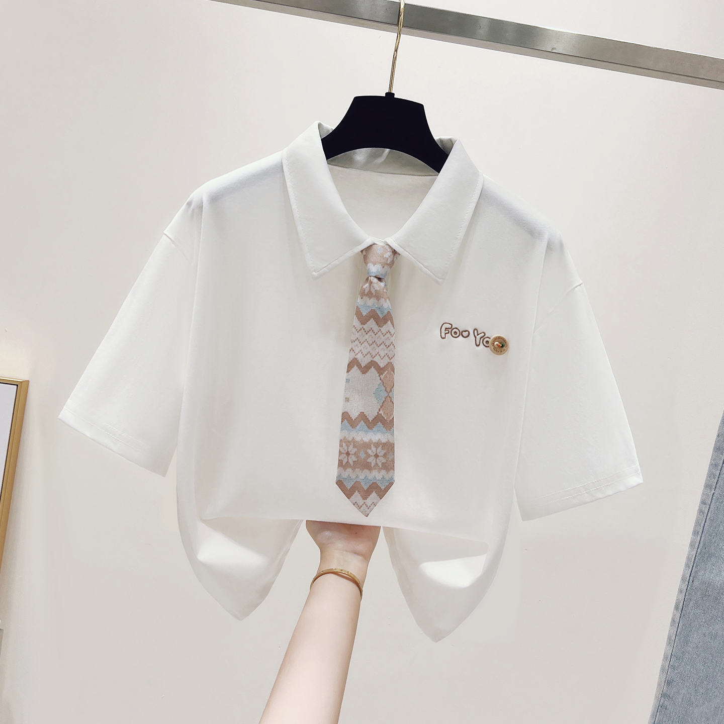 실사 학원 스타일 넥타이 POLO 칼라 반팔 티셔츠 여성 2026 년 여름 루즈핏 쇼트 스타일 맨위 반소매 동정