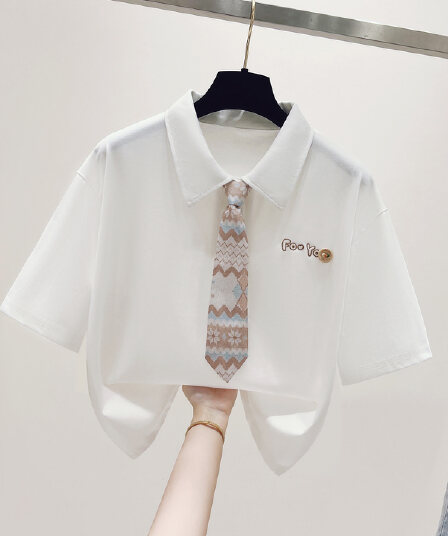 실사 학원 스타일 넥타이 POLO 칼라 반팔 티셔츠 여성 2026 년 여름 루즈핏 쇼트 스타일 맨위 반소매 동정