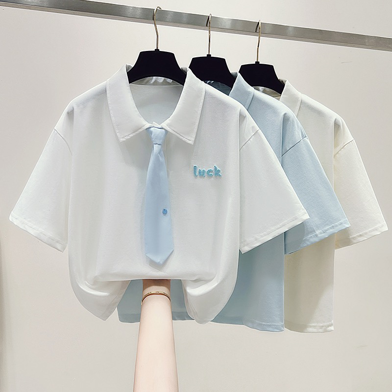 실사 POLO 셔츠 여성 3 차원 알파벳 자수 작은 키 맨위 2026 새로운 루즈핏 연령 감소 반팔 티셔츠 여성