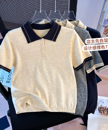 실사 POLO 칼라 배색 니트 반팔 티셔츠 여성 여름 한 부서 디자인 센스 다용도 긍정적 인 어깨 쇼트 스타일 맨위