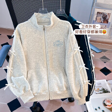 批发实拍美式立领夹克外套女秋冬2026新款<b class='q'>卫衣</b>蕾丝边拼接拉链开衫上衣