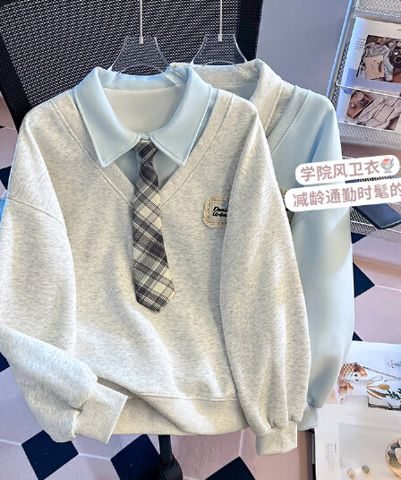 실사 아메리칸 페이크 레이어드 POLO 칼라 소녀 새로운 2026 이른 가을 착용 가져 가라. 루즈핏 학원 스타일 다용도 맨위