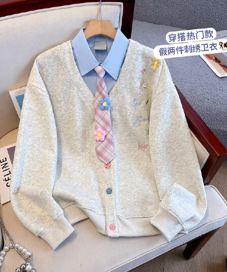 실사 한 부서 자수 꽃 페이크 레이어드 여성 코트 야구 유니폼 가을 겨울 루즈핏 느긋한 바람 POLO 칼라 후드티 여성