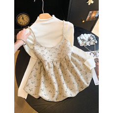 批发实拍小个子森系碎花毛呢吊带两件套半高领打底衫＋短款蓬蓬裙背心