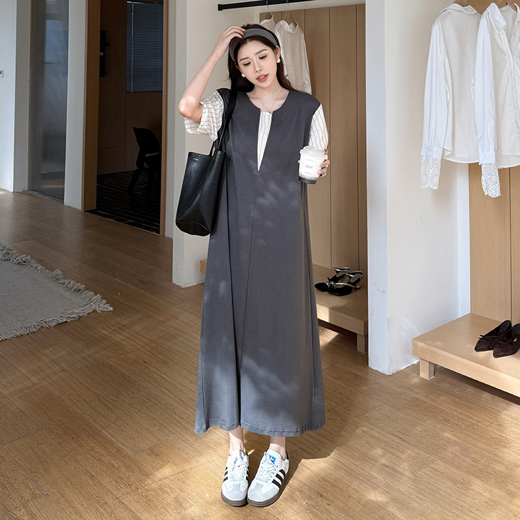 实拍 2026夏新款/长款大码显瘦清冷拼色高级感假两件短袖连衣裙