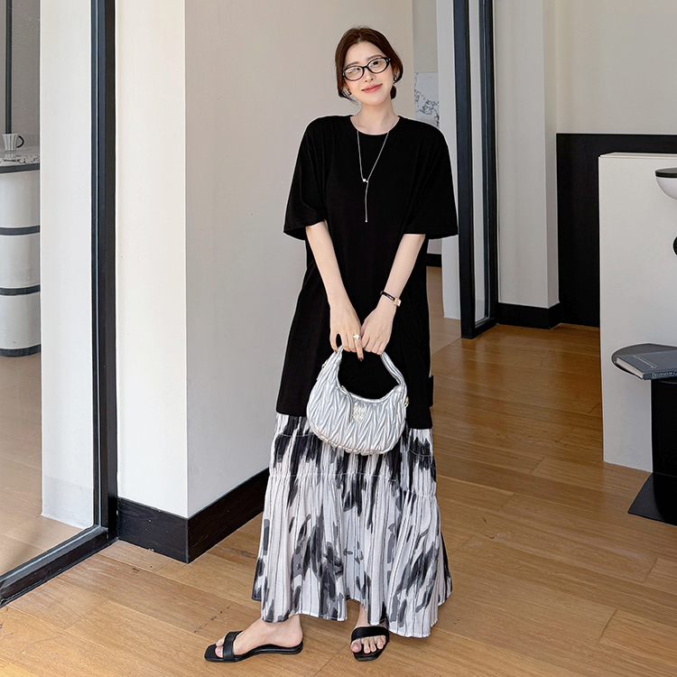实拍 2026夏新款/加长款大码显瘦高级感拼水墨晕染裙摆短袖连衣裙
