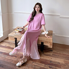 批发实拍 2026夏新款/<b class='q'>长款</b>大码显瘦不规则拼接鱼尾波点纱短袖<b class='q'>连衣裙</b>