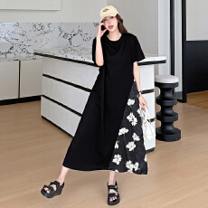 批发实拍 2026夏新款/长款<b class='q'>大码</b>拼接醋酸缎花朵显瘦法式系带短袖连衣裙