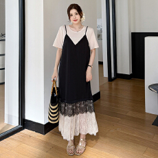 批发实拍 2026夏新款/长款<b class='q'>大码</b>显瘦拼色拼接蕾丝假两件短袖连衣裙