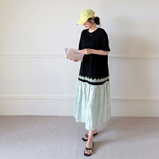 批发实拍 2025夏新款/<b class='q'>大码</b>长款田园风重工蕾丝拼接提花裙摆短袖连衣裙