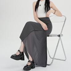 批发实拍~<b class='q'>雪纺</b>拼接西装半身裙女压褶设计感垂感显瘦高腰小个子a字长裙